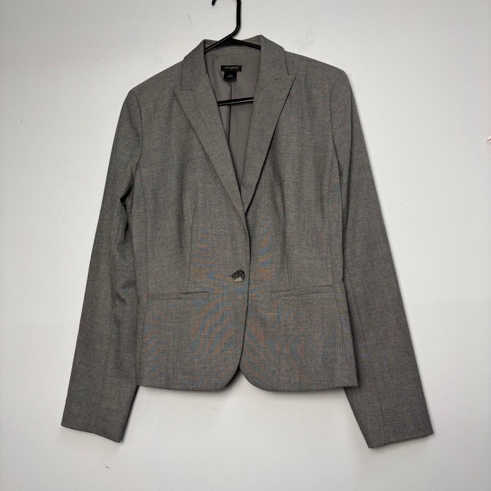 Ann Taylor Gray Single Button Tailored Blazer Jacket Size 10 Wool Blend Career